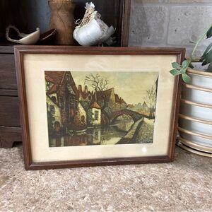 Vintage Framed Lithograph Titled le Quai Vert Belgium Townscape Waterway Moody